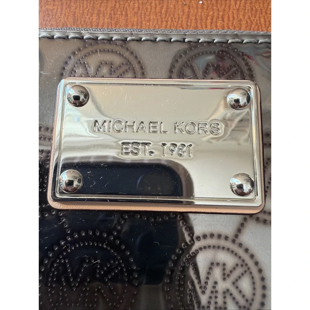 Michael Kors MK Signature Metallic Silver Zip Around Wallet